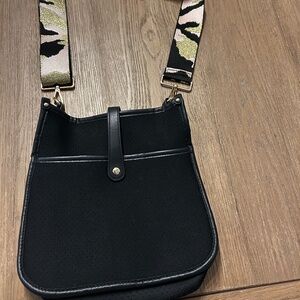 Crossbody Black Neoprene Purse with Gold/black/Pink Camo Guitar Strap